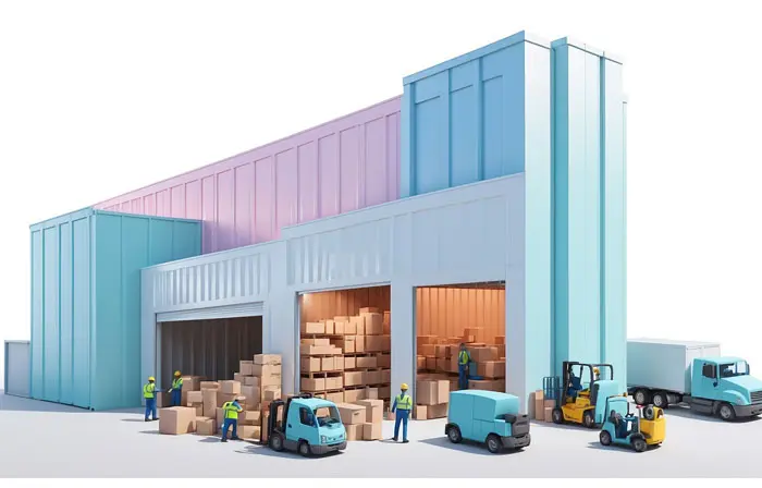 Parcel Warehouse with Delivery Truck 3D Art Cartoon Illustration